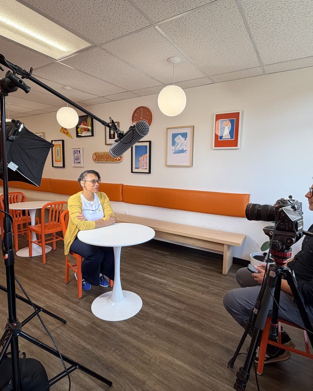 Interview lighting set up inside a café