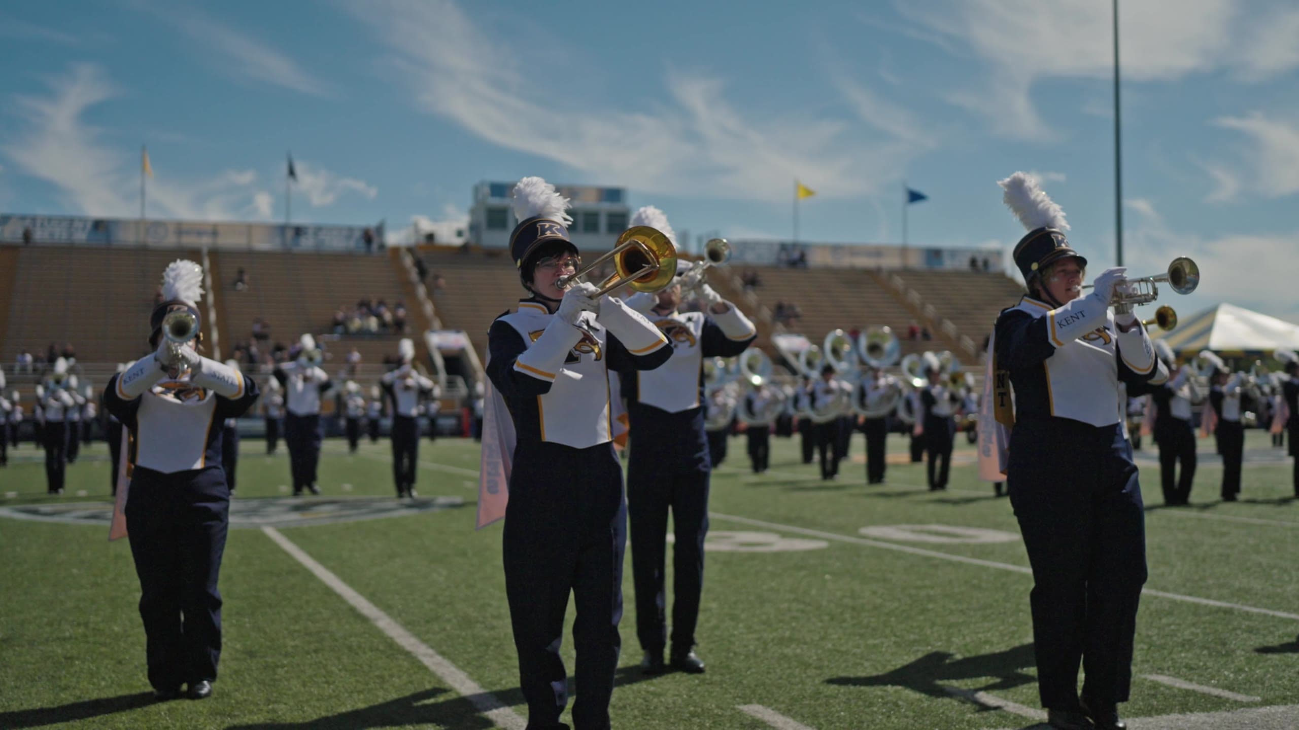 Marching band performing on the field